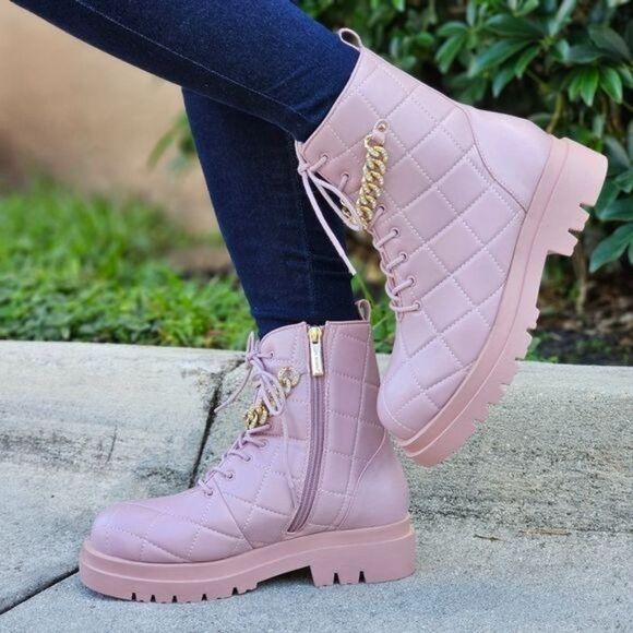 Womens Chunky Block Heel Ankle Combat Boots Pink Color - Picture 1 of 7